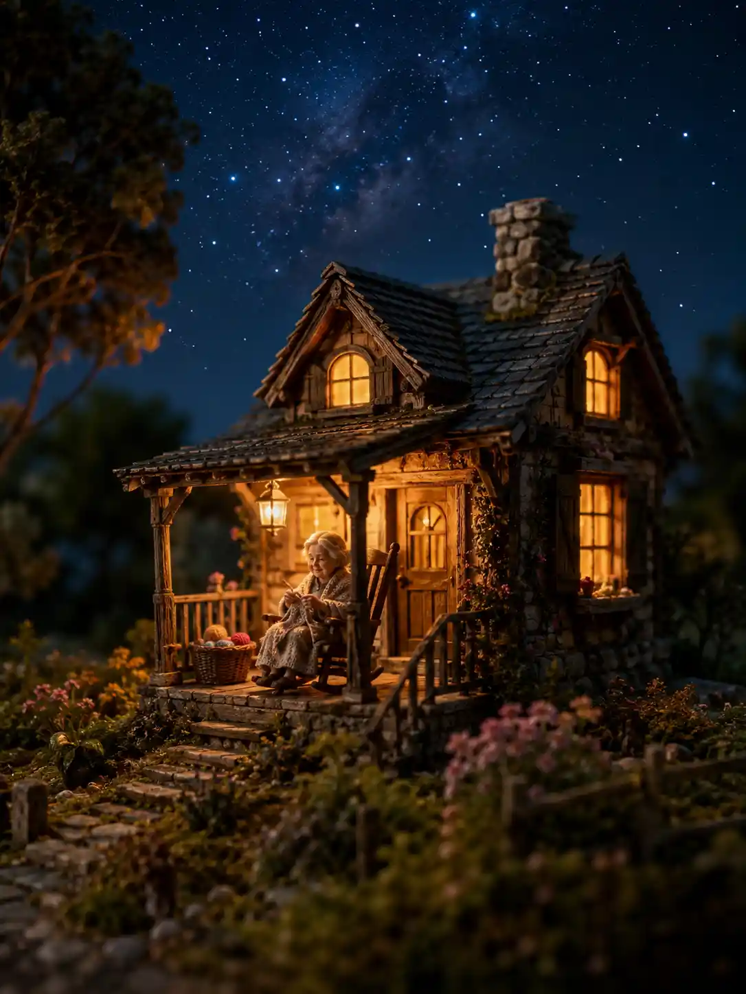Varanda aconchegante de uma casa em miniatura sob um céu noturno estrelado e suave