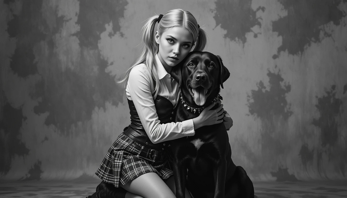 Garota ajoelhada com labrador preto em retrato monocromático