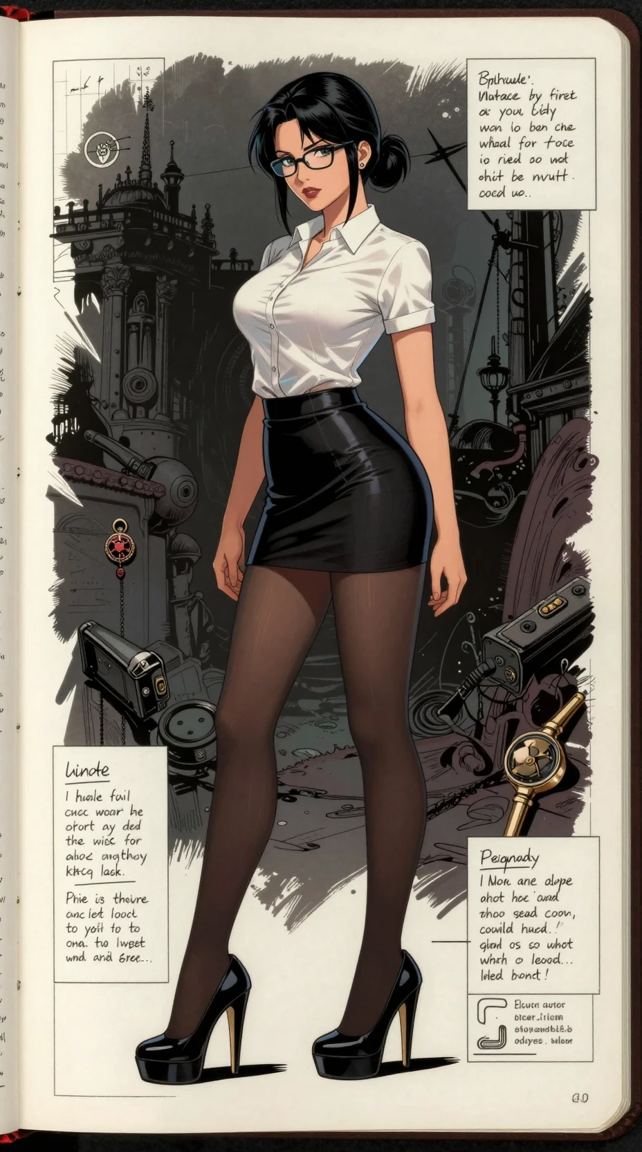 Stylish teacher in mini skirt with dark fantasy blueprint