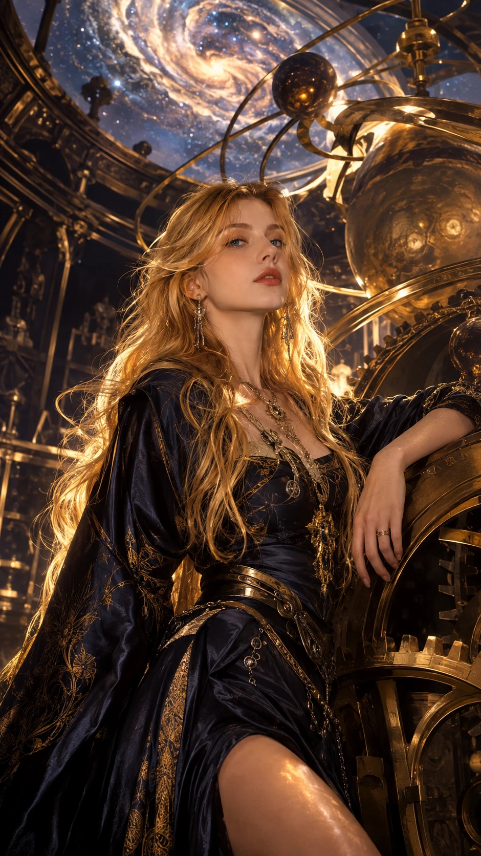 Golden haired woman in brass celestial observatory