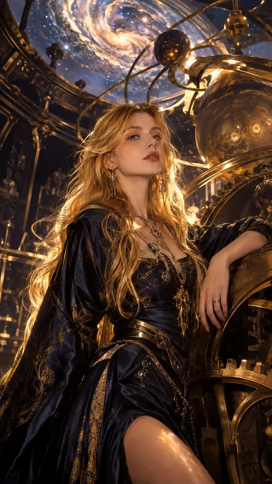 Golden haired woman in brass celestial observatory