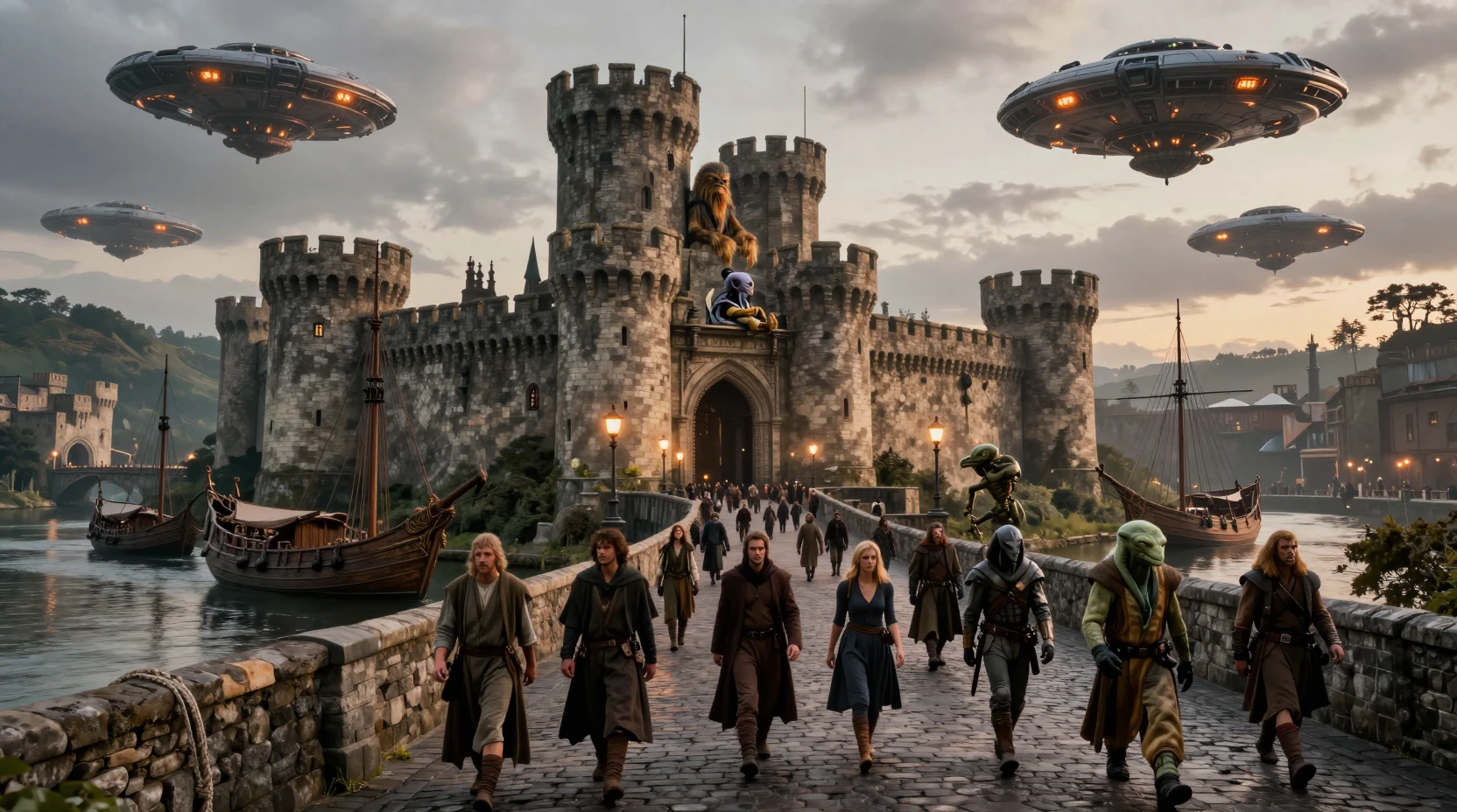 Fortaleza de castelo medieval de pedra cinematográfica ao anoitecer com multidão