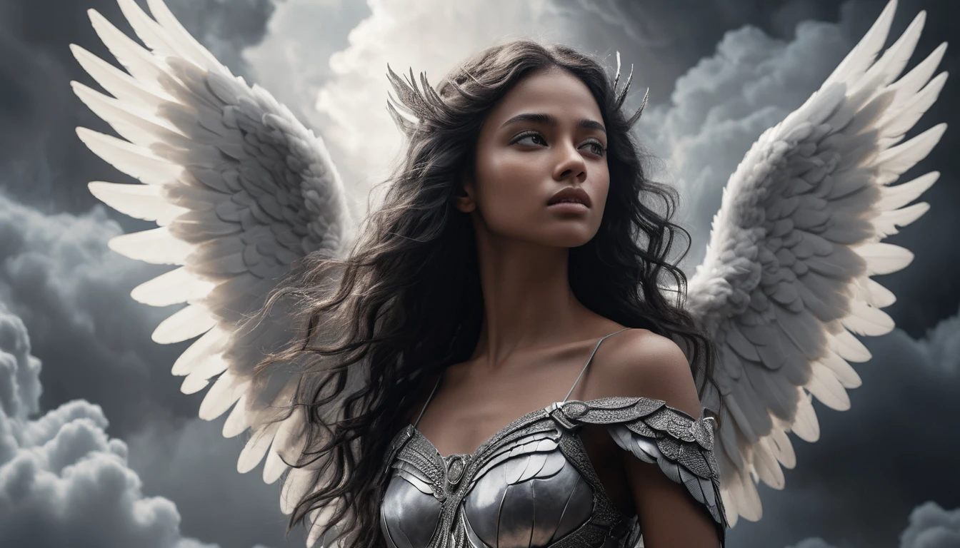 Celestial angel close up in dramatic monochrome clouds