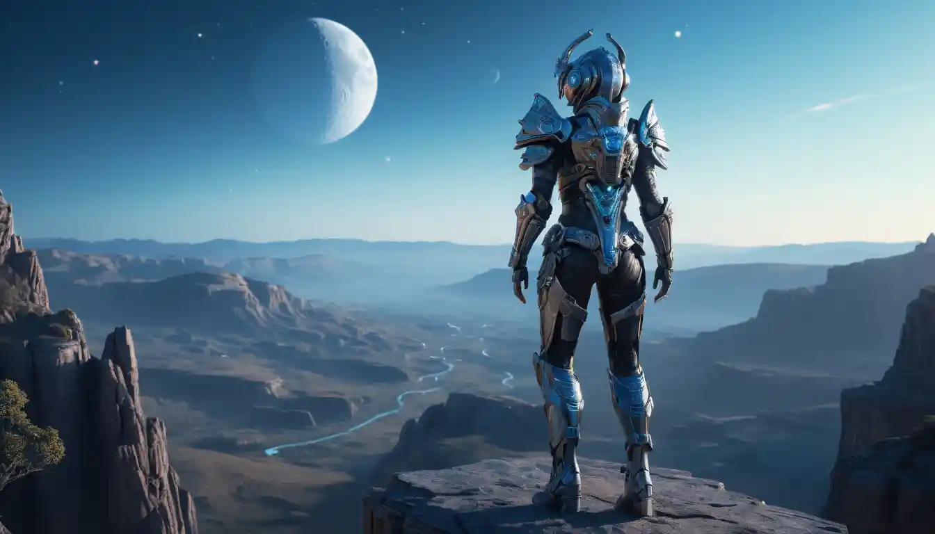 Armored woman overlooking a moonlit futuristic valley