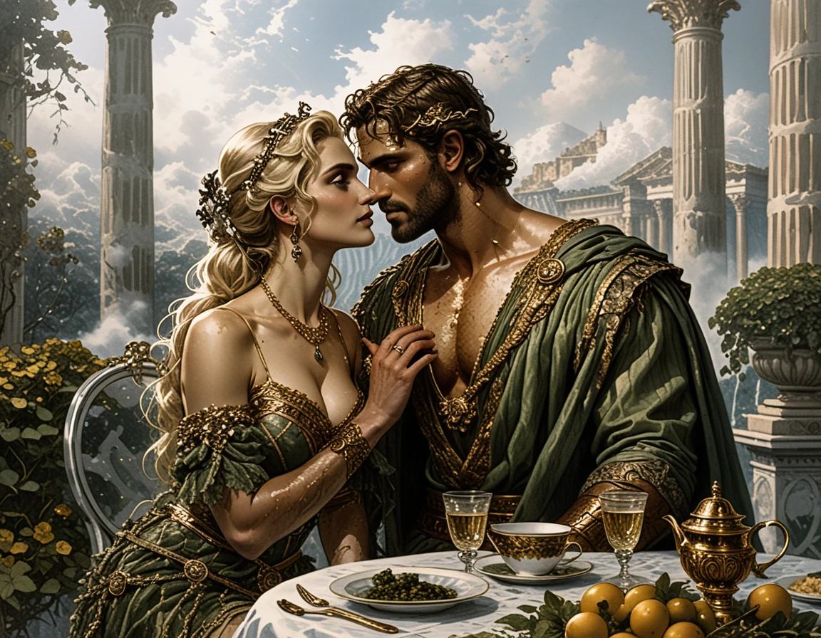 Casal romano em um banquete decadente ao entardecer no pátio