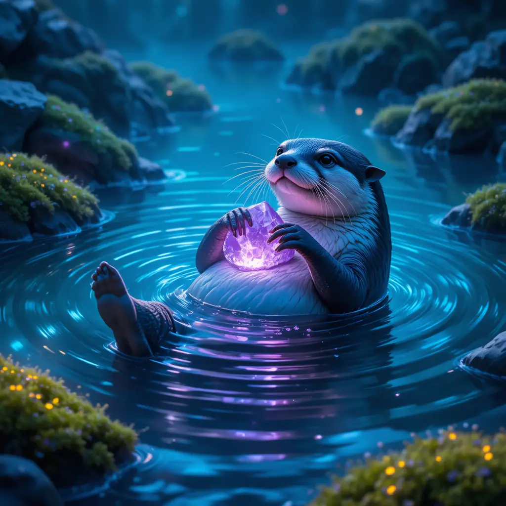 Loutre mignonne avec cristal lumineux dans un étang enchanté