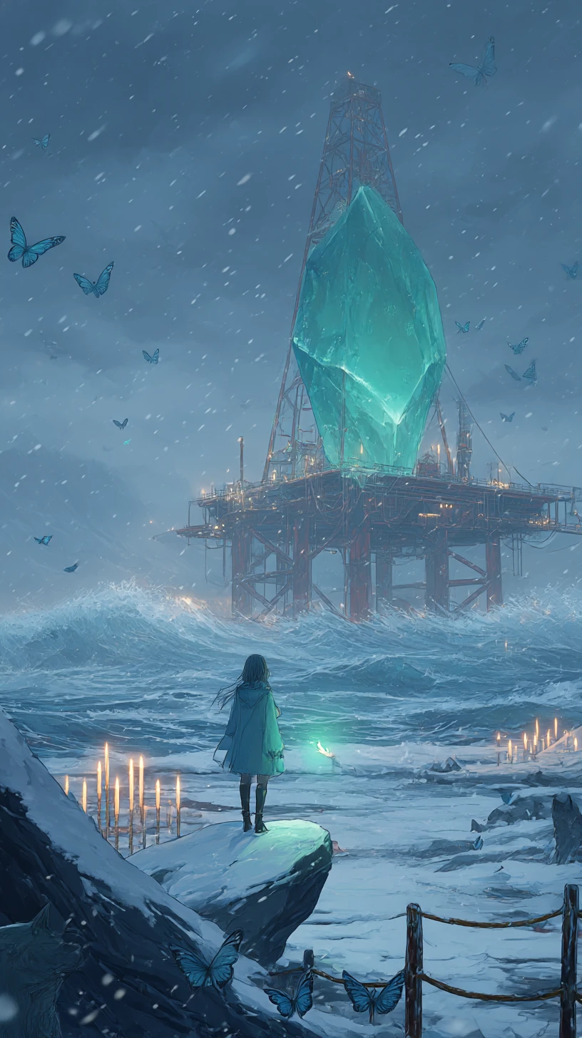 Fille d’anime sur une plateforme pétrolière enneigée sous un ciel nocturne orageux