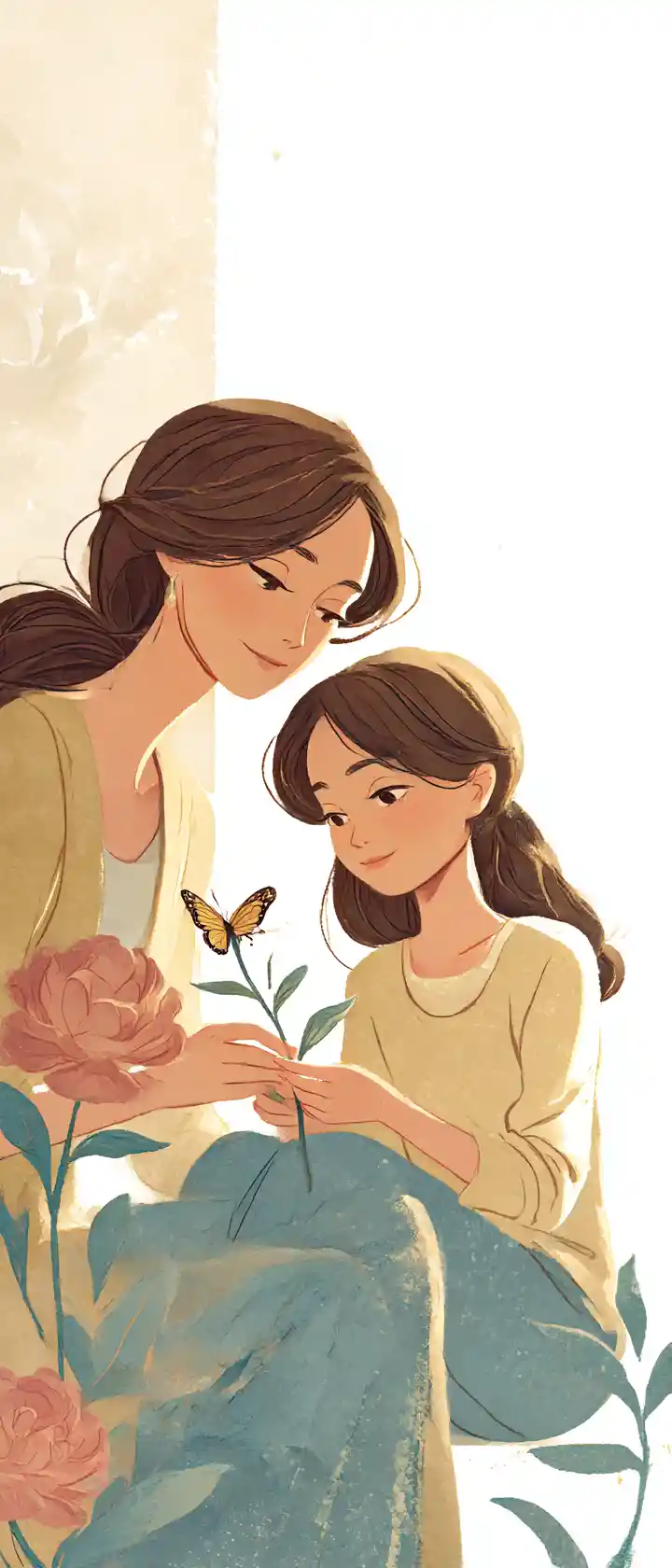 Tierna madre e hija compartiendo un momento con una flor en pleno florecimiento