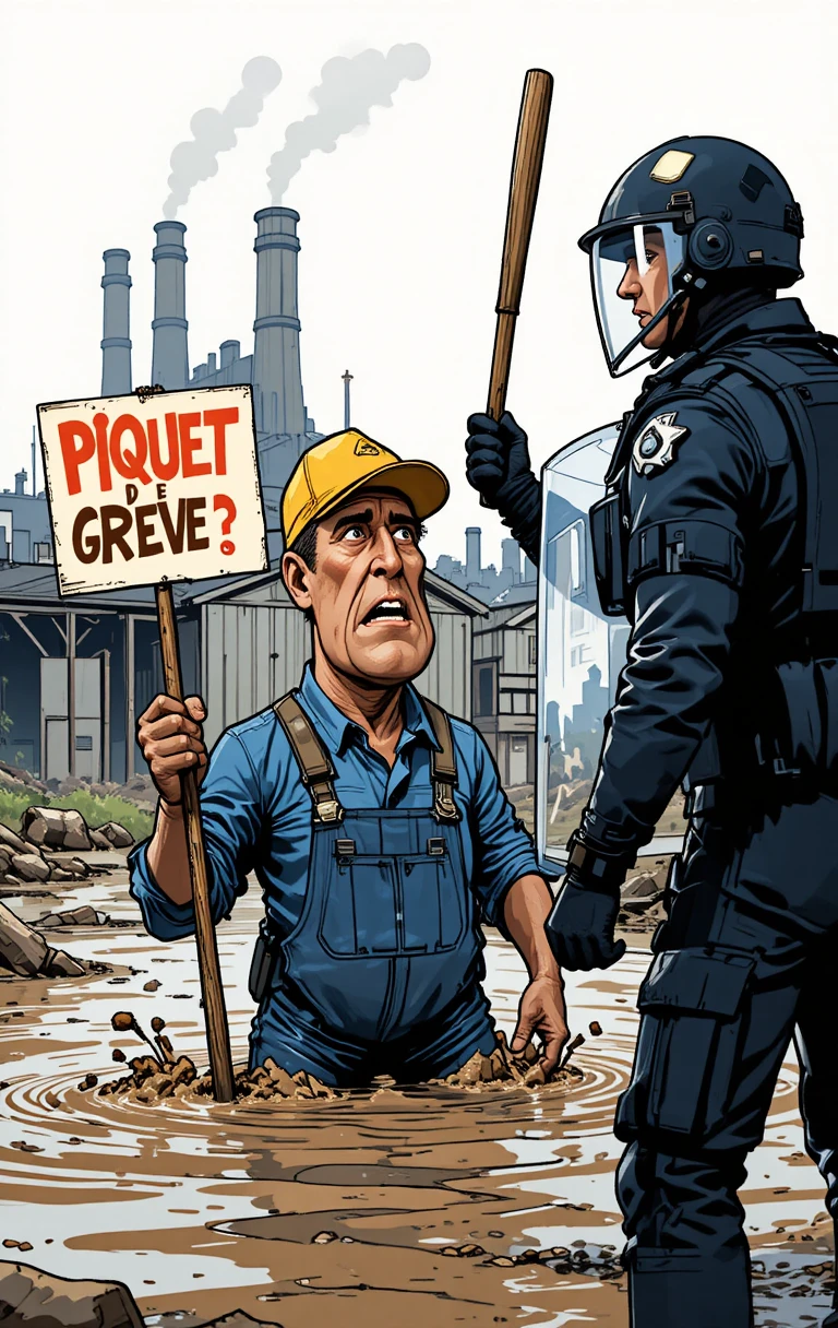 Ouvrier en grève face aux CRS dans un bras de fer boueux devant l’usine