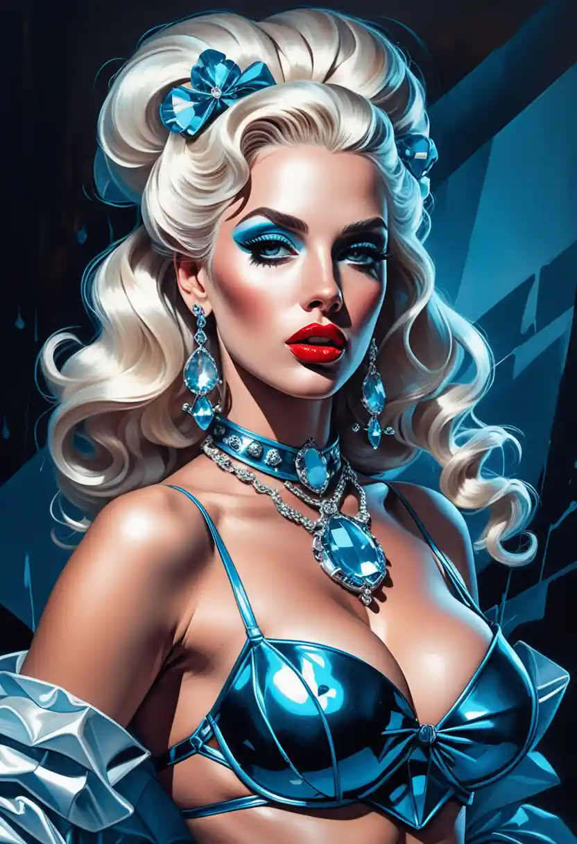 Sensual platinum blonde courtesan in ornate baroque fashion