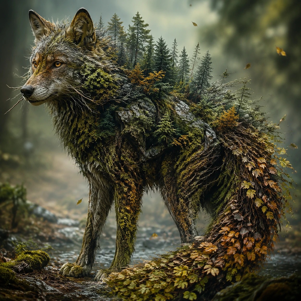 Lobo surreal fundindo-se perfeitamente em uma floresta sem fim
