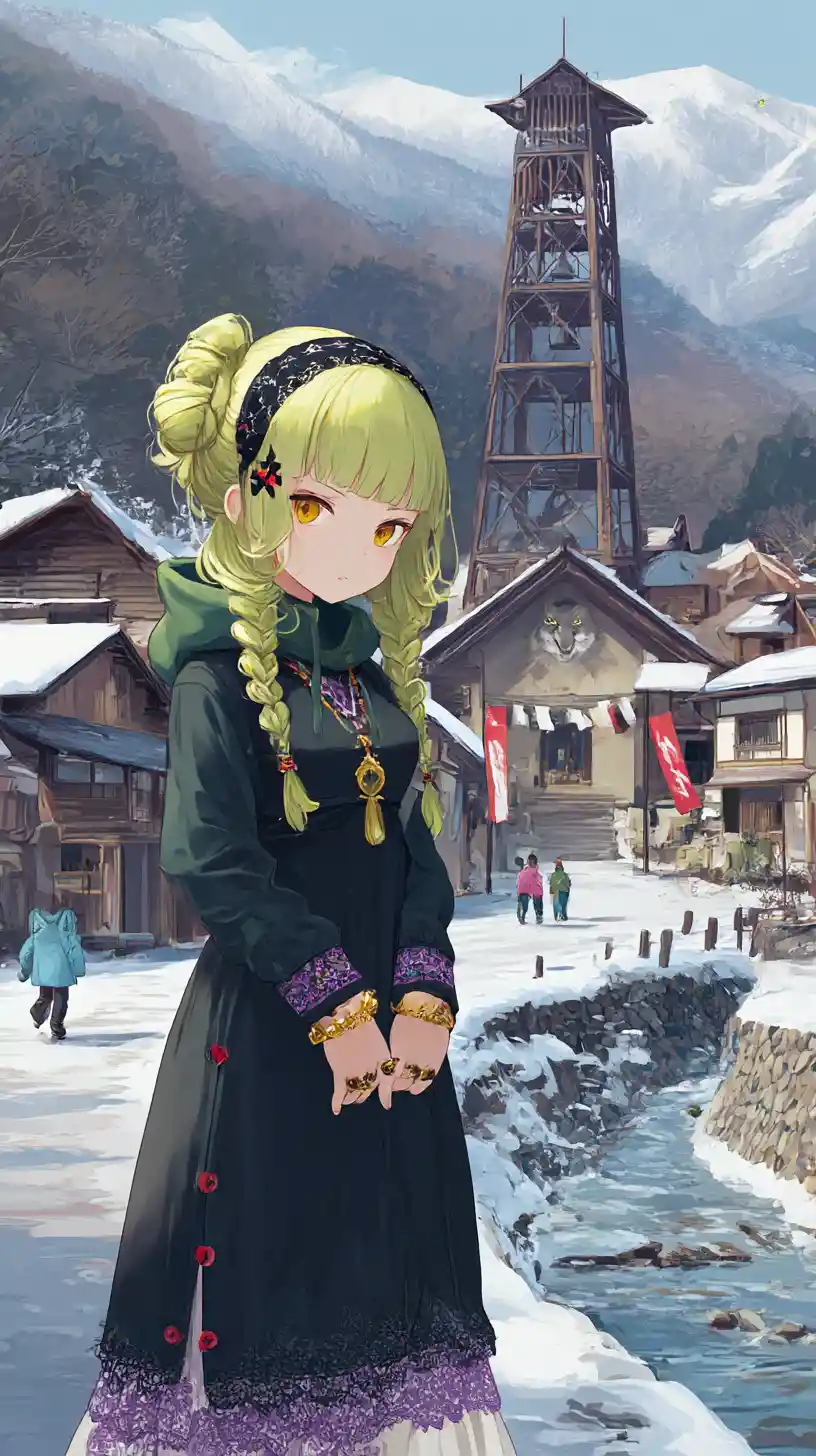 Città invernale anime con torre d’acciaio e chiesa del villaggio