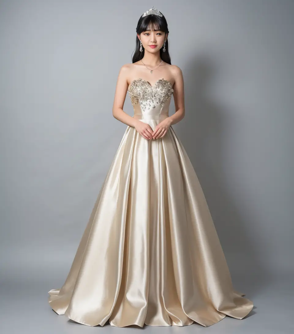 Elegant young woman in light gold satin ballgown
