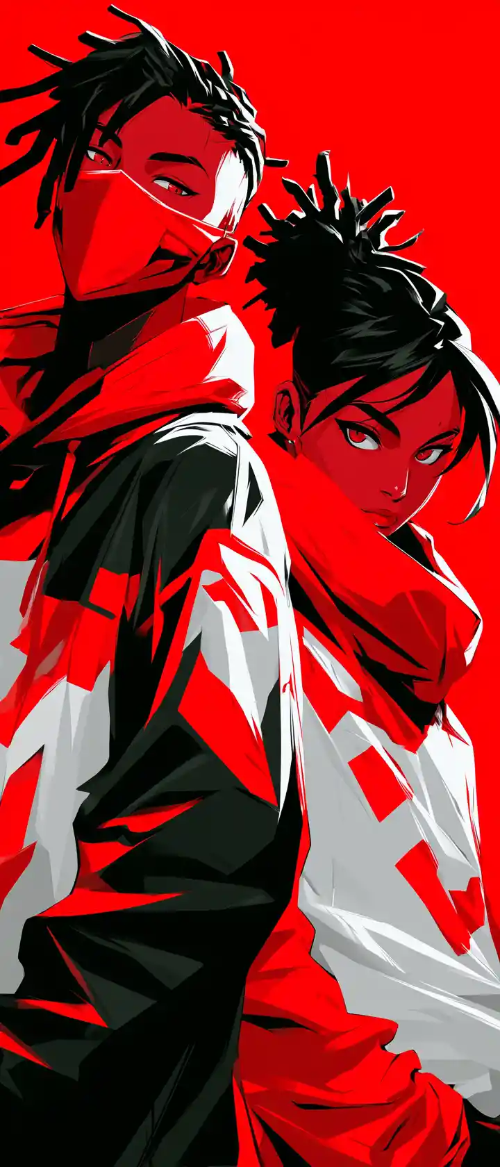 Retrato vetorial de casal de anime em streetwear vermelho monocromático