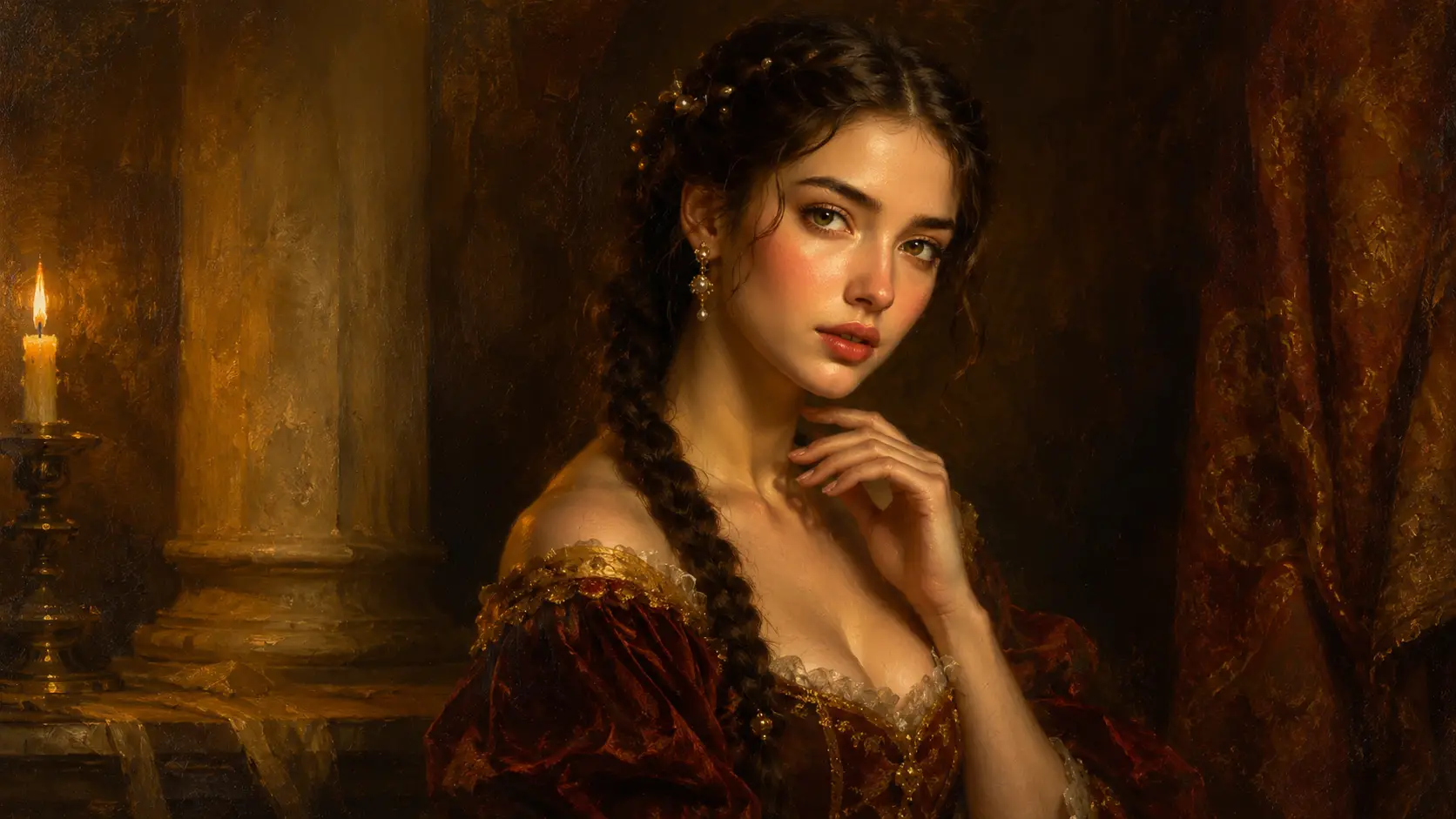Retrato em estilo renascentista de uma jovem à luz de velas