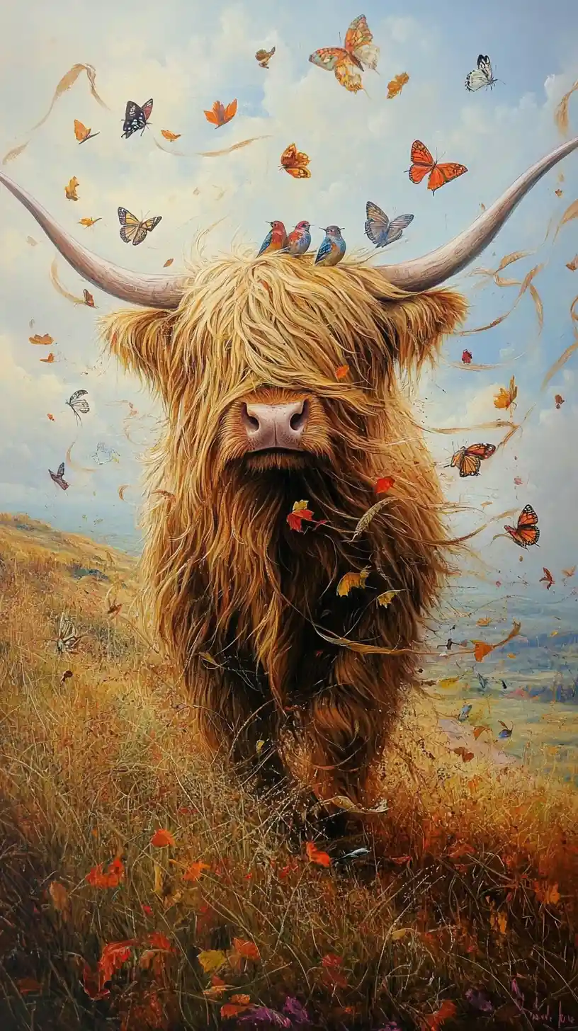 Vache Highland abritant de petits animaux du vent d’automne