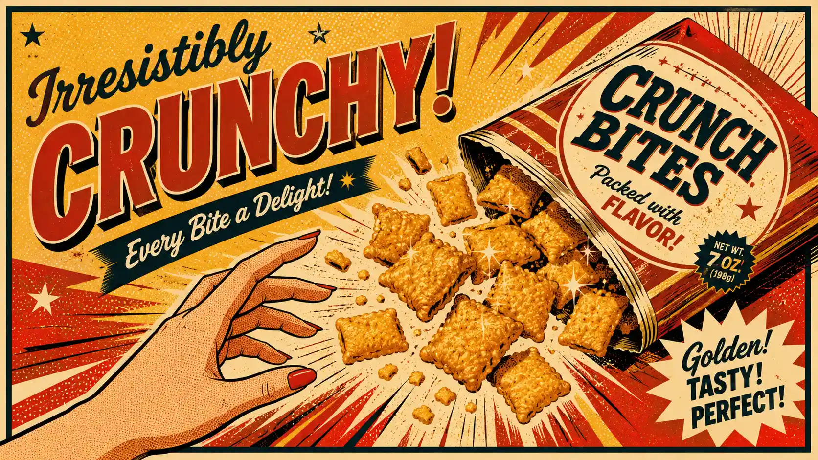 Retro pop art snacks bursting from colorful packaging