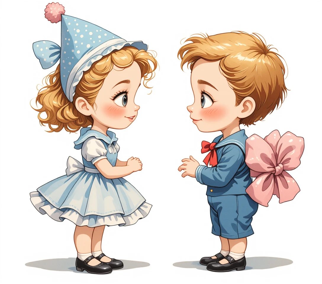 Douce illustration vintage d’enfants timides s’échangeant un cadeau