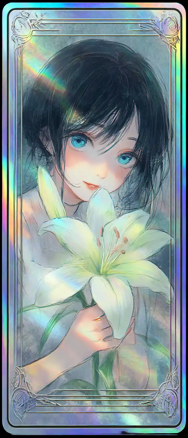 Anime girl trading card with holographic foil and white lily