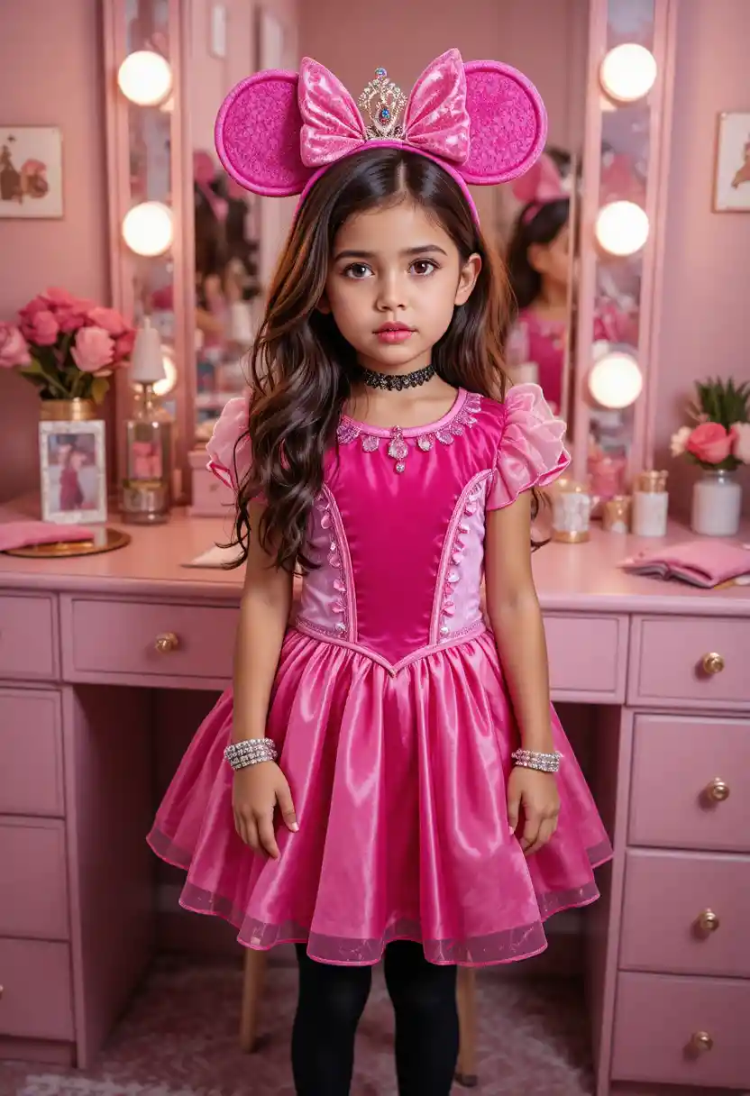 Menino pré-adolescente de princesa posando na penteadeira do quarto