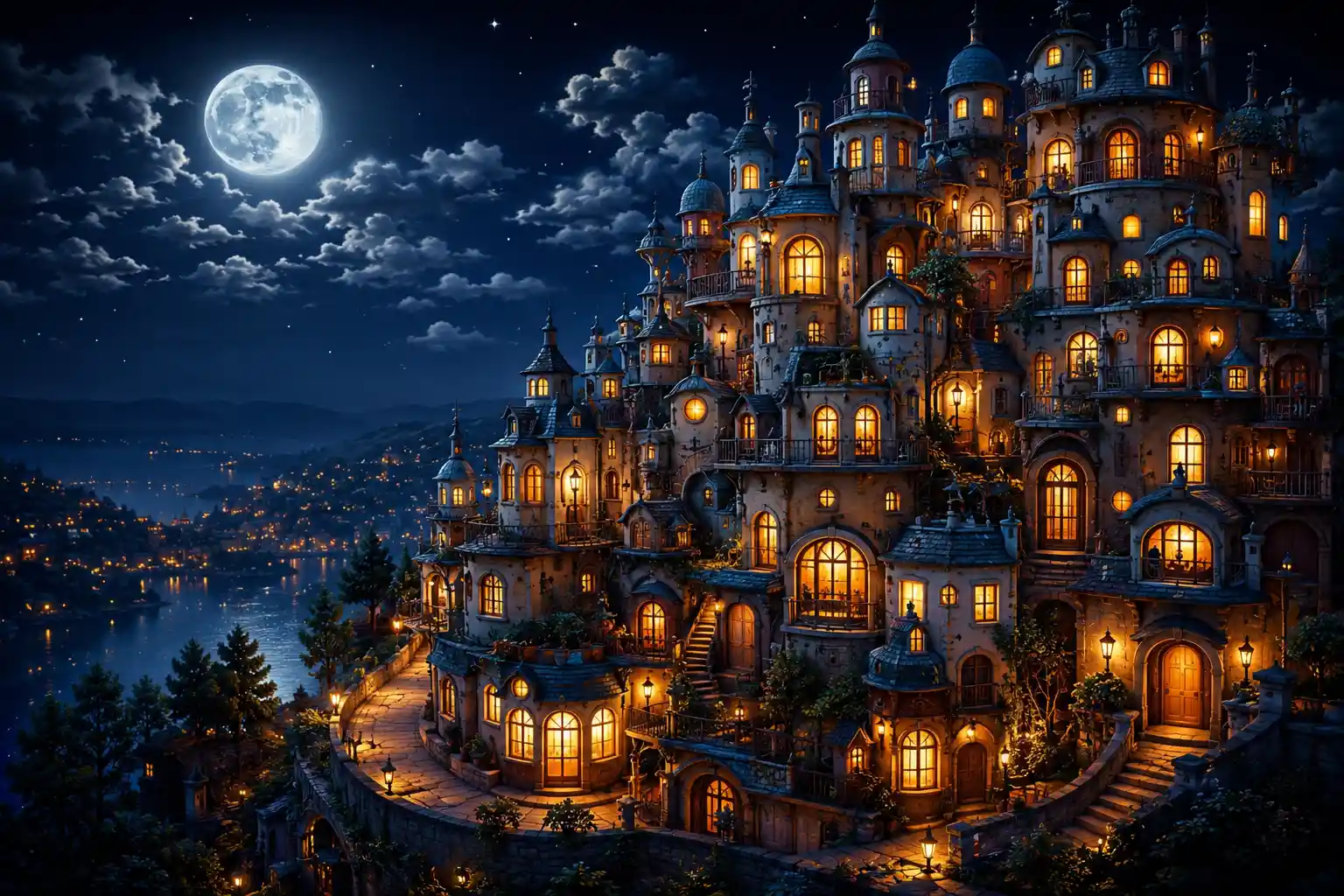 Apartamentos fantásticos que brillan bajo un cielo de luna llena