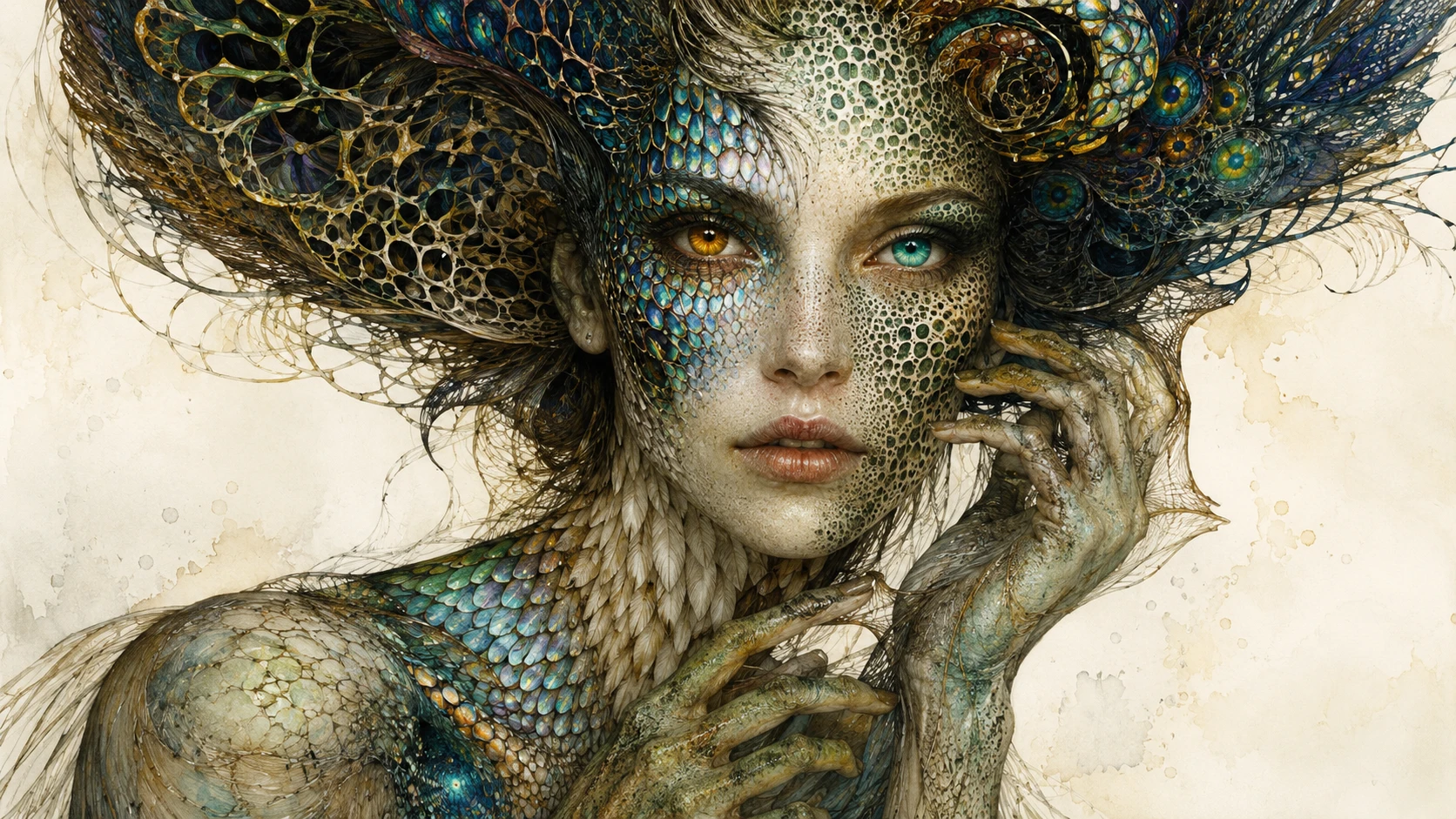 Surreales Frauenporträt mit sich wandelnden Tierhaut-Texturen