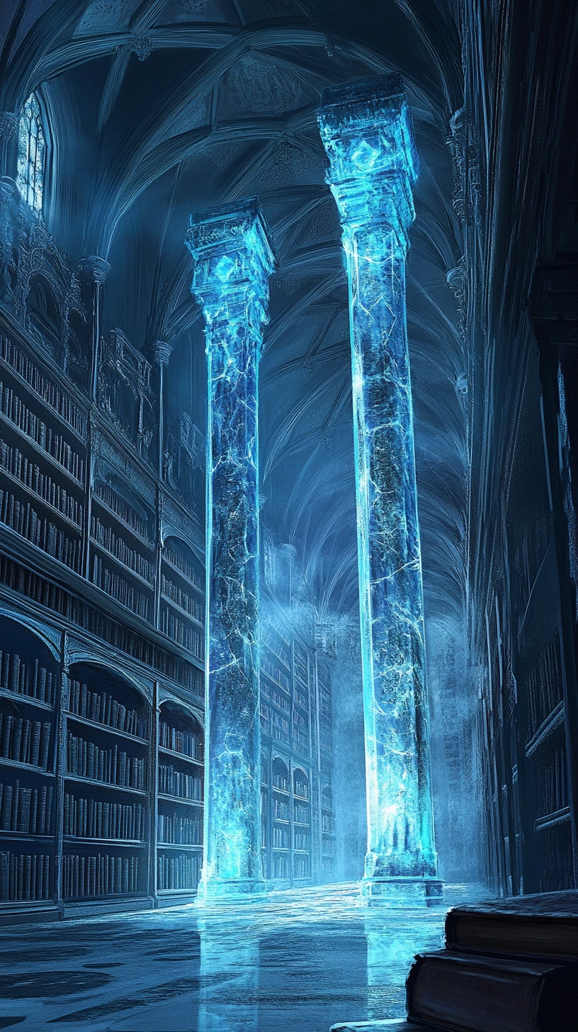 Vasta biblioteca mística com colunas de cristal brilhantes e gelo