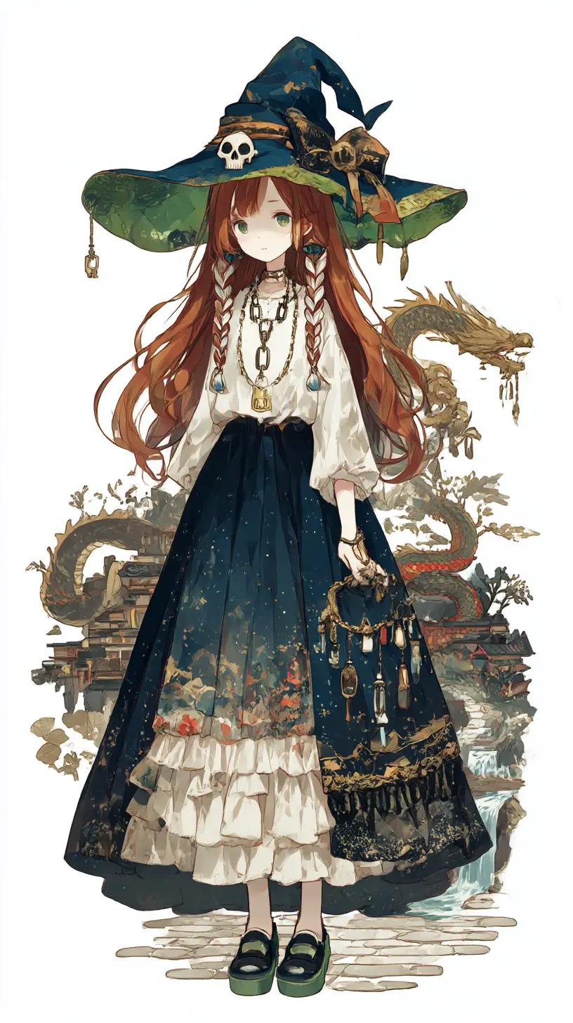 Anime witch girl in ruffled skirt with skull necklace