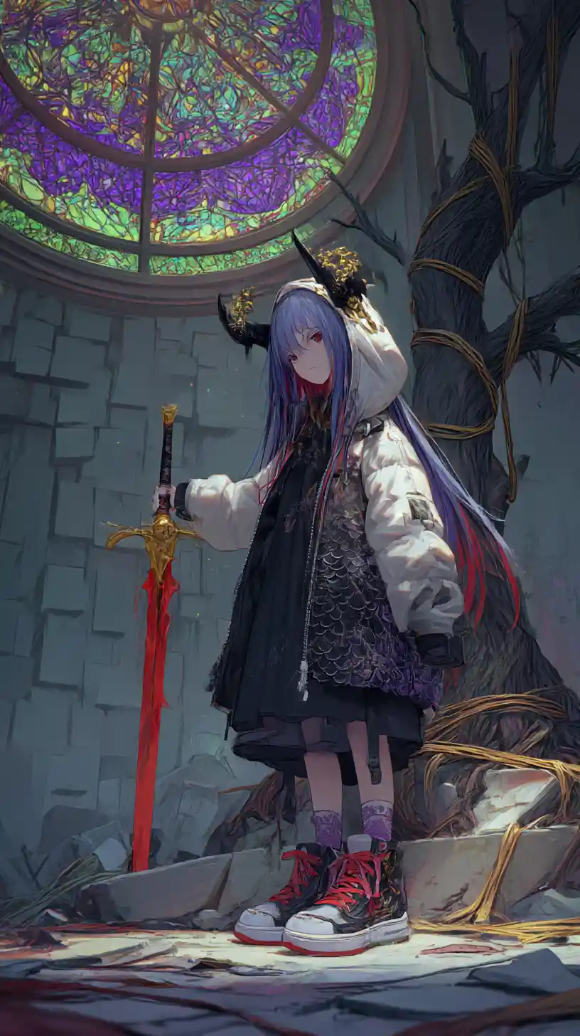 Anime girl with flaming sword in a dark ruined hall