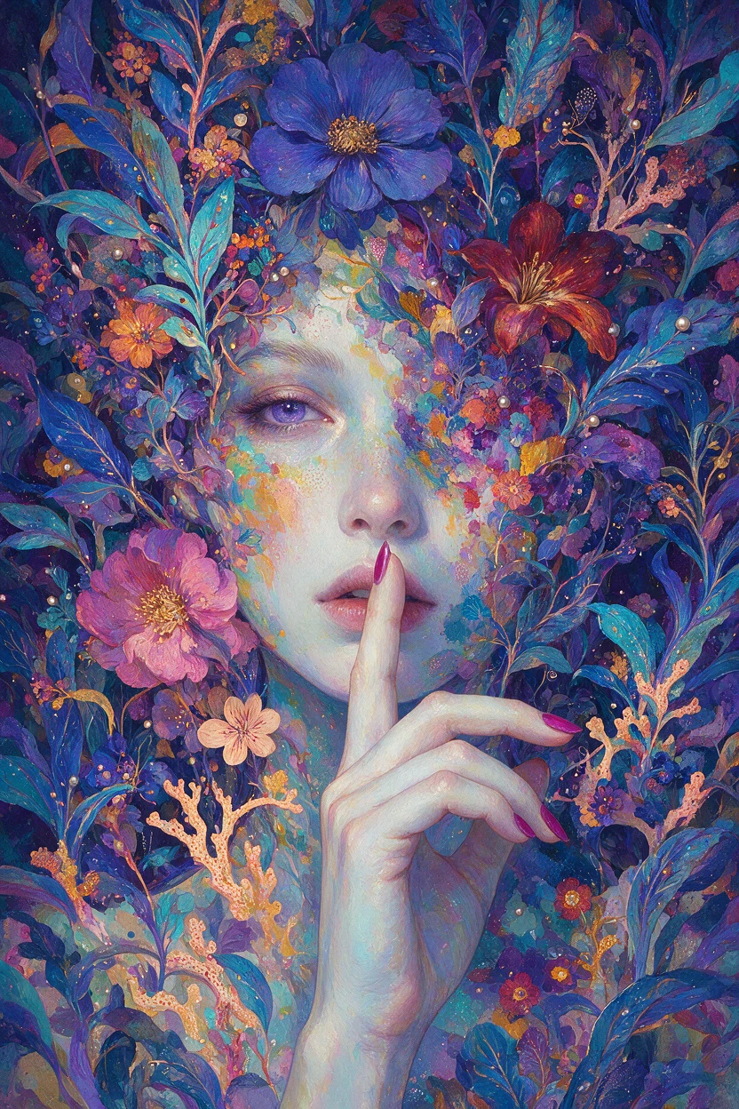 Retrato surreal de mulher fundindo-se com um sonho botânico exuberante