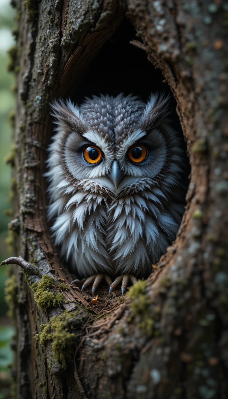 Bébé chouette regardant depuis un trou d’arbre moussu dans la forêt