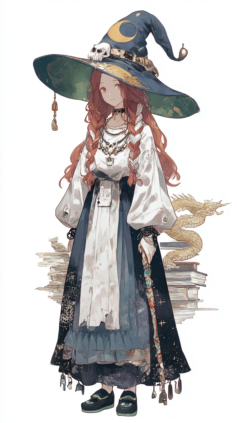 Anime witch girl with skull necklace and ruffled skirt