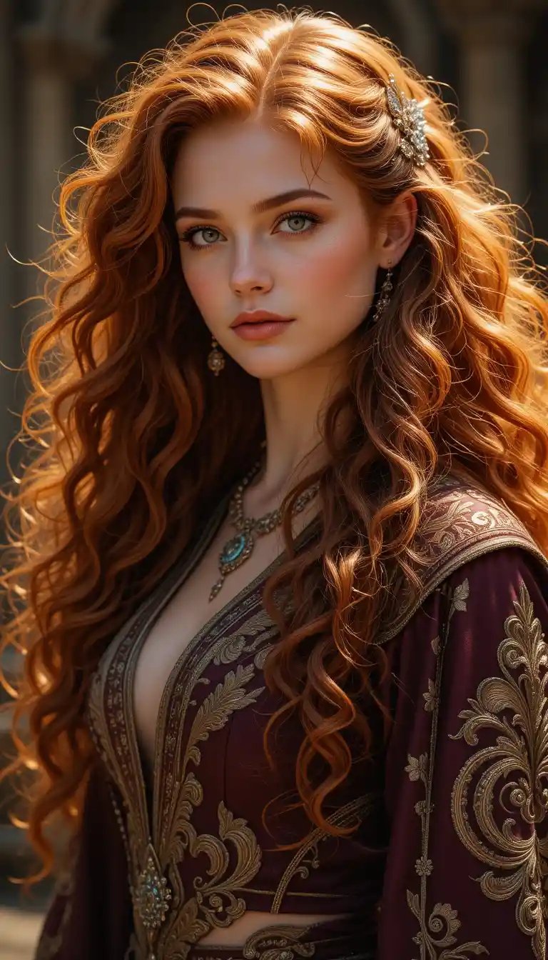 Bella maga dai capelli rossi in sontuose vesti arcane