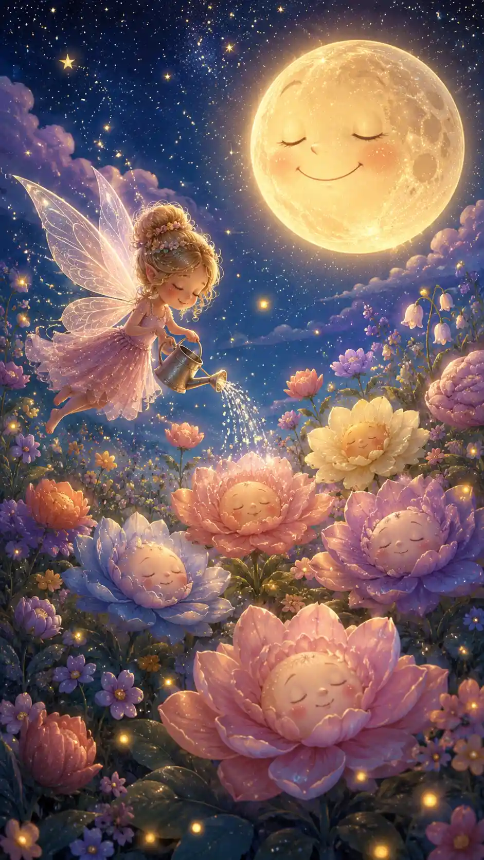 Fairy Watering Sleeping Flowers Under A Smiling Full Moon