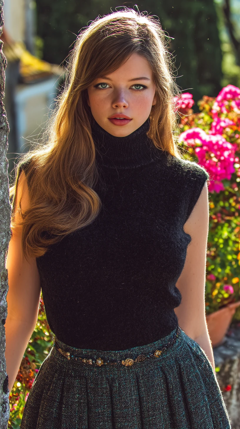 Confident woman in turtleneck with floral wall background