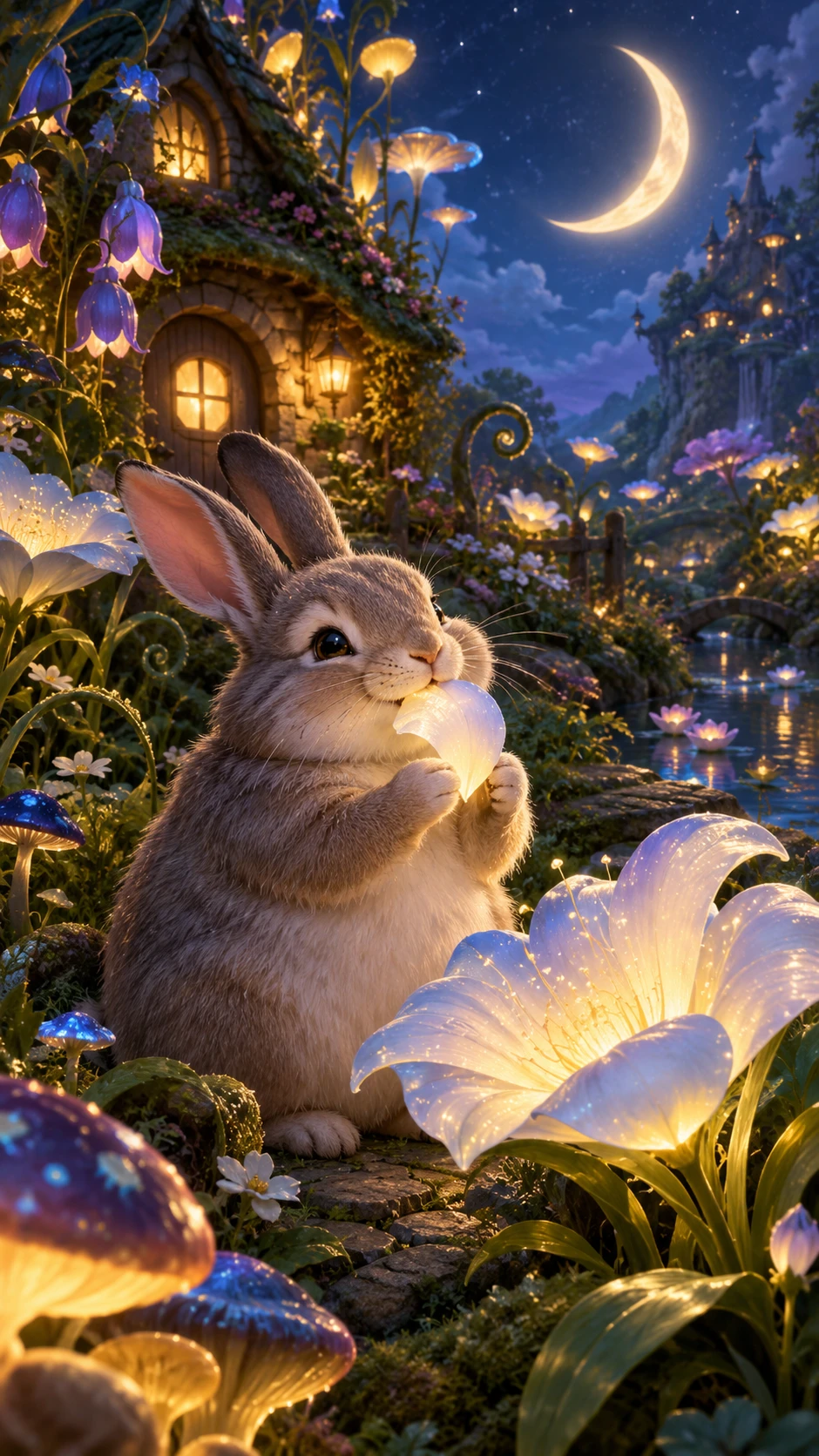 Coelho em um jardim de chalé mágico ao luar