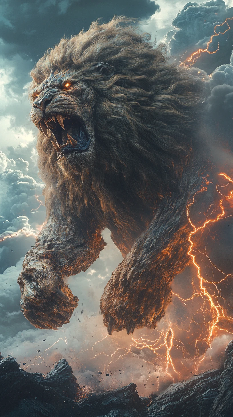 Colossal fera leão envolta em raios e nuvens de tempestade