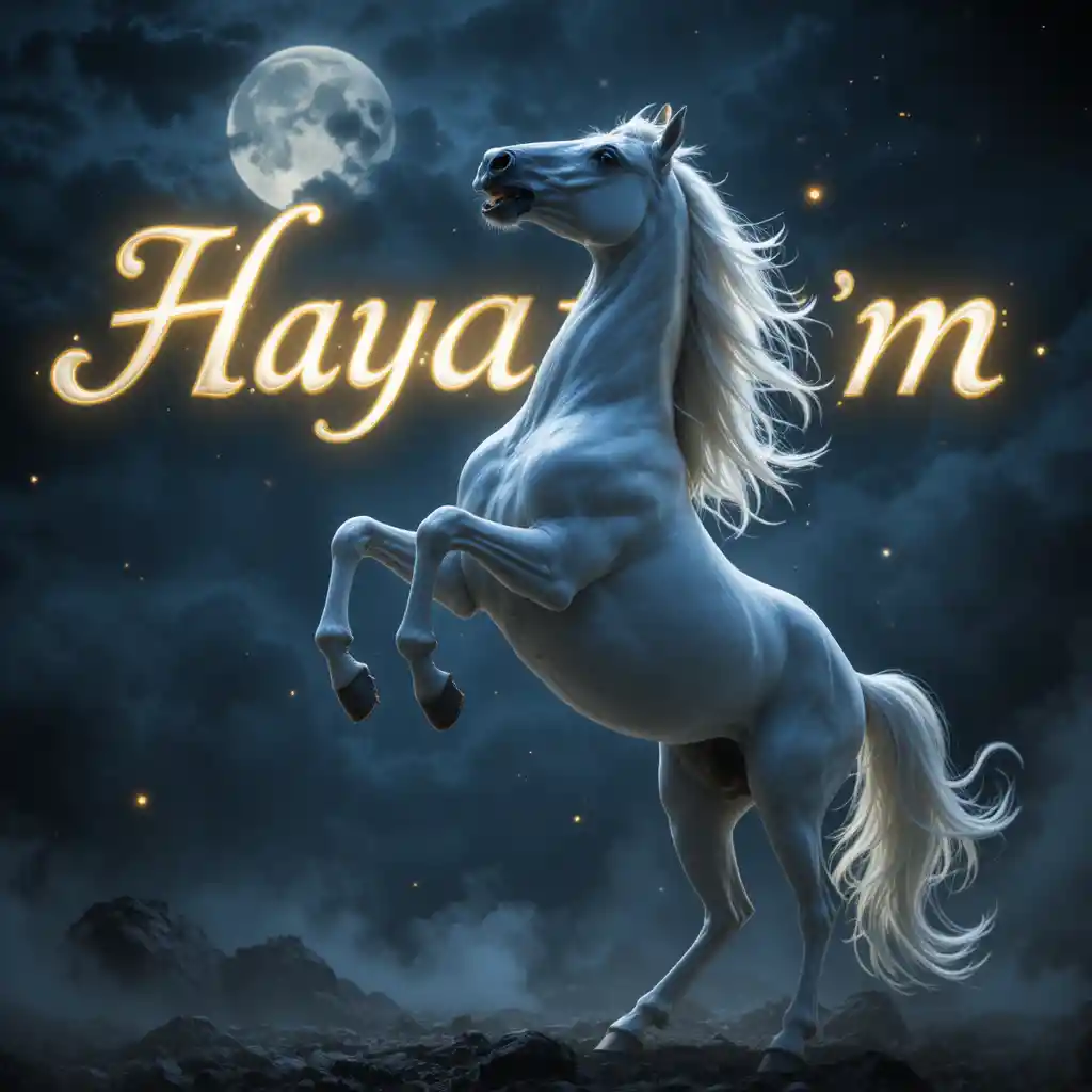 달빛 아래서 일어서는 흰 말과 ‘Hayatım’ 타이포그래피