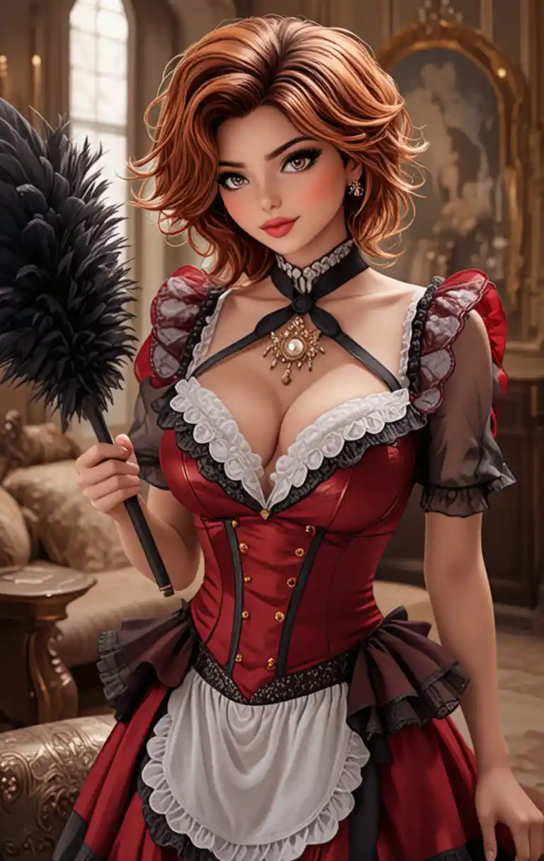 Soubrette française rousse faisant le ménage dans un salon de luxe