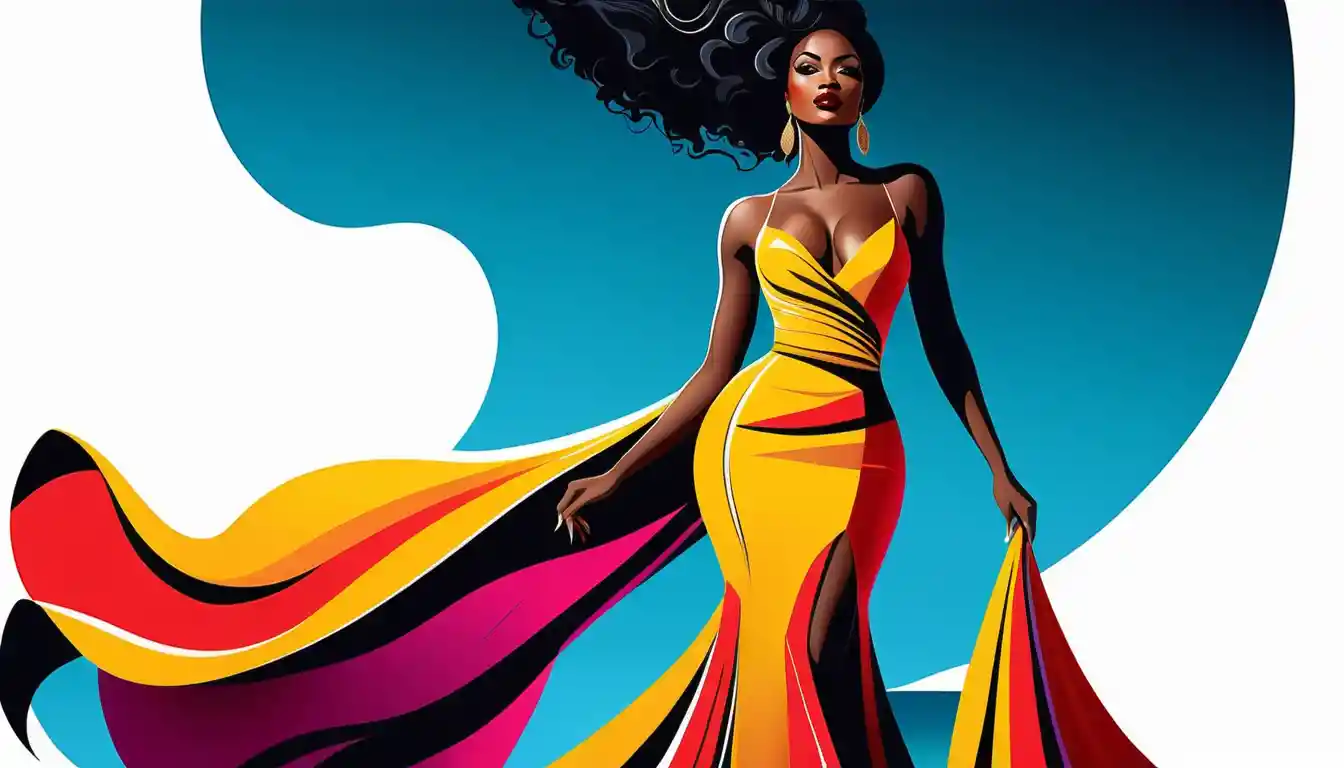 Surreale Illustration einer eleganten Afroamerikanerin im Abendkleid