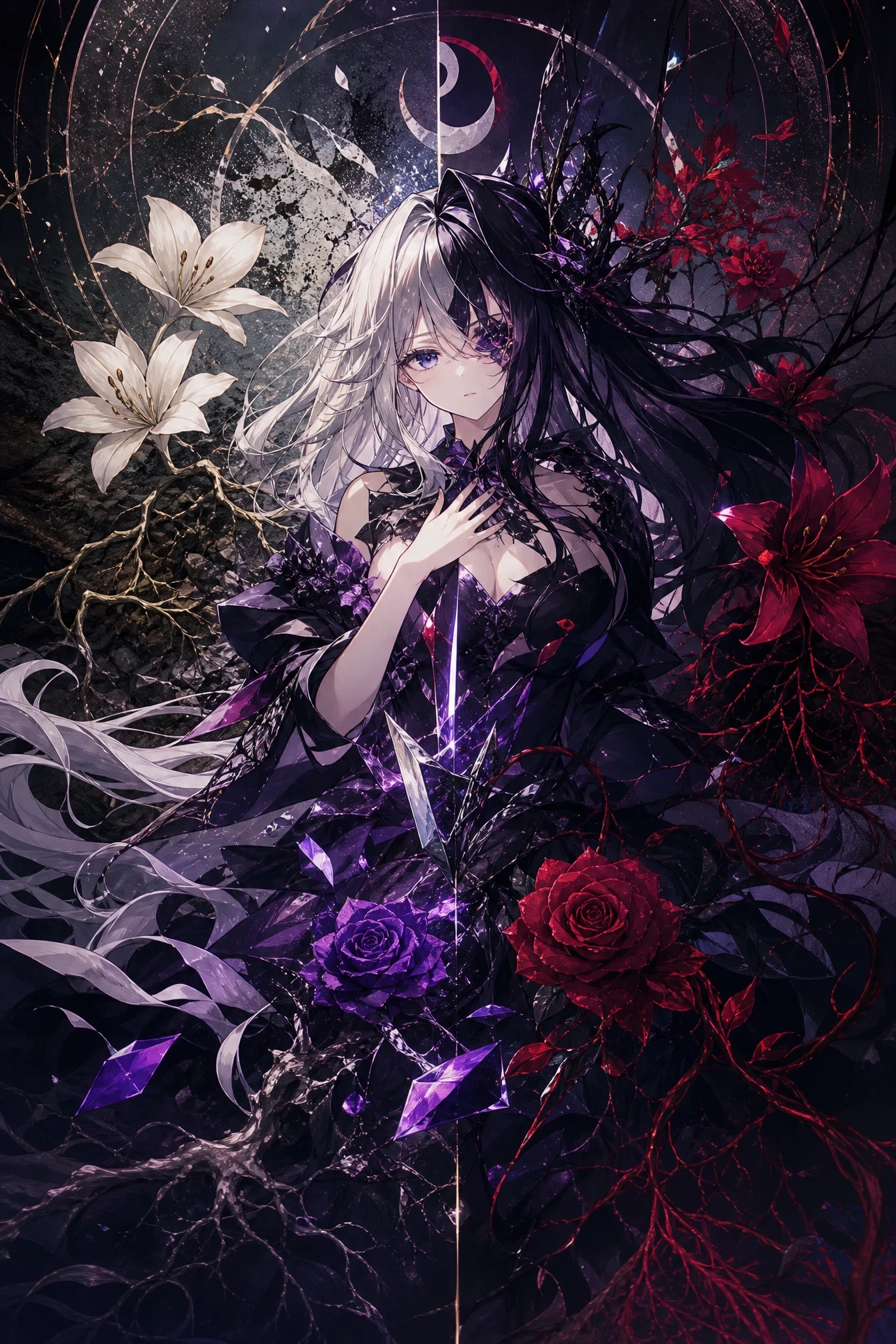 Mulher de anime dark fantasy em moda cerimonial - ilustração