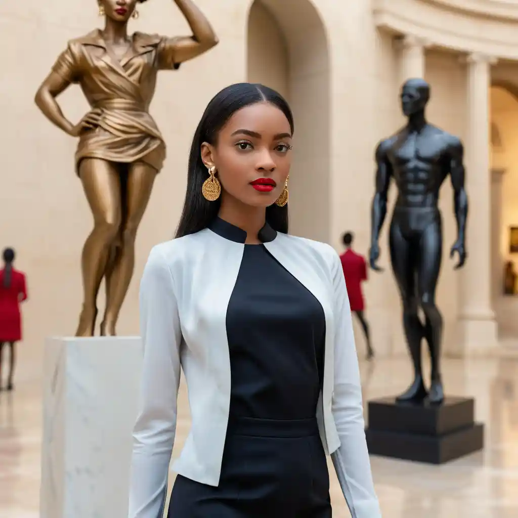 Elegant woman posing by sculpture in modern museum