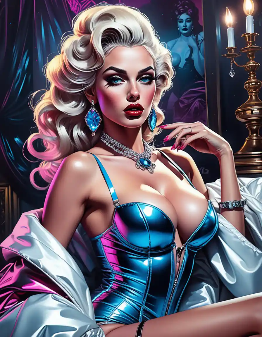 Neon goddess fashion pinup in baroque couture
