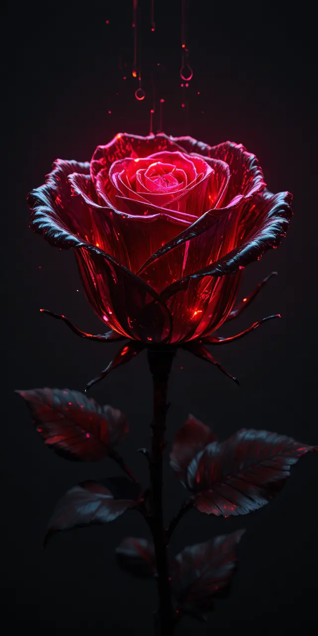 Glowing Black Rose With Red Light On Dark Background