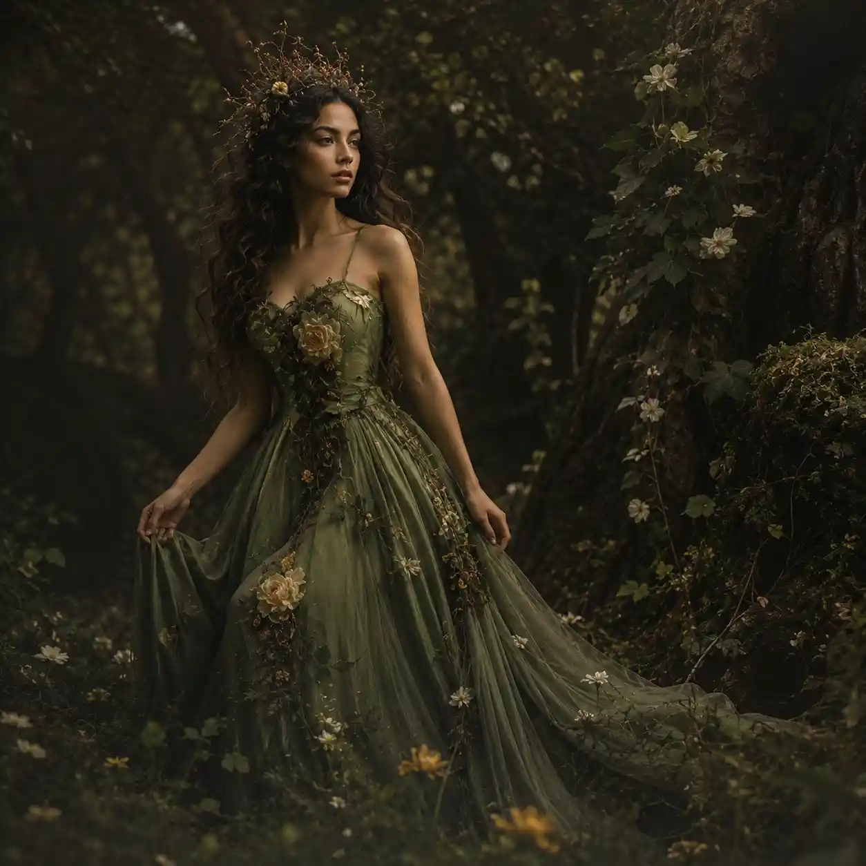 Donna spirito mistico della foresta in un bosco antico