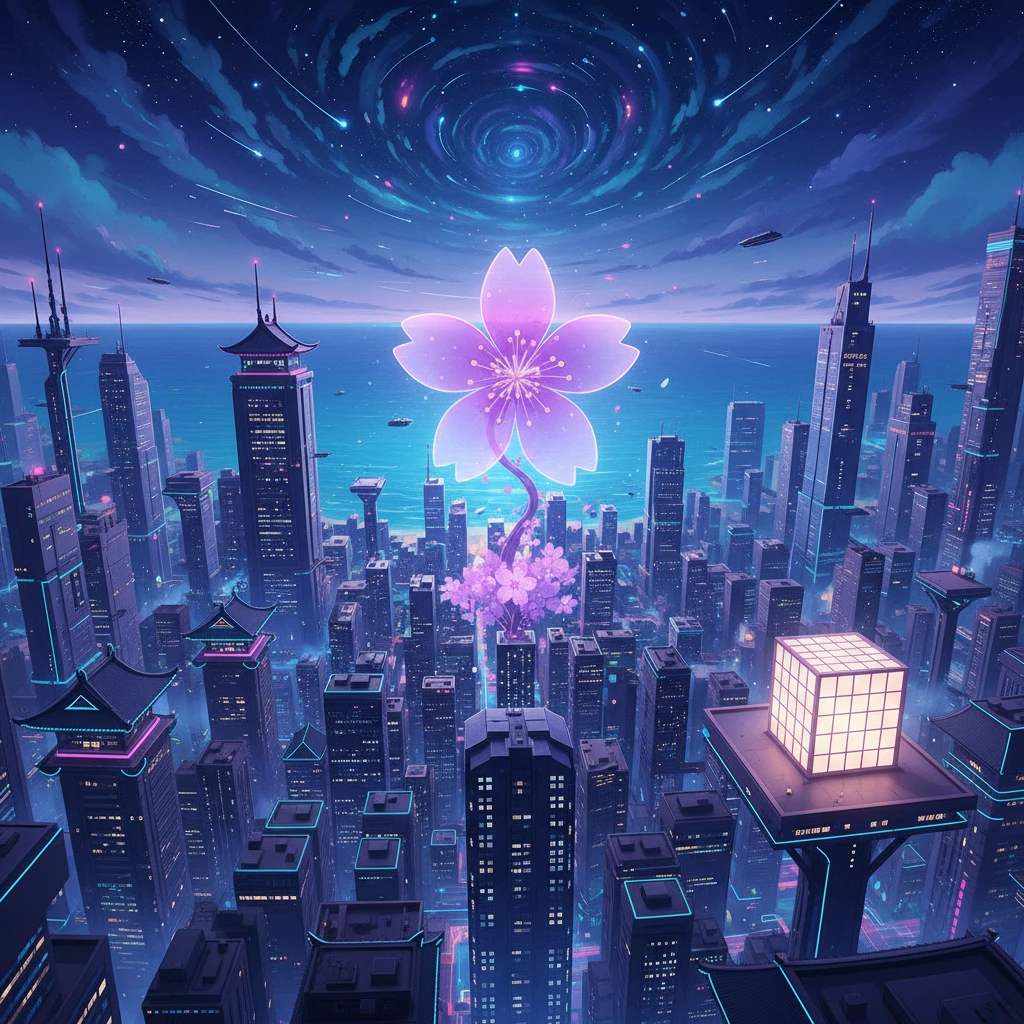 Paysage urbain néon surréaliste avec une seule fleur violette en pleine floraison