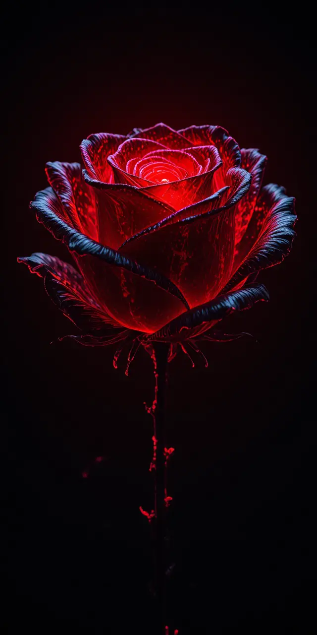 Leuchtende schwarze Rose mit transparenten, glasähnlichen Blütenblättern
