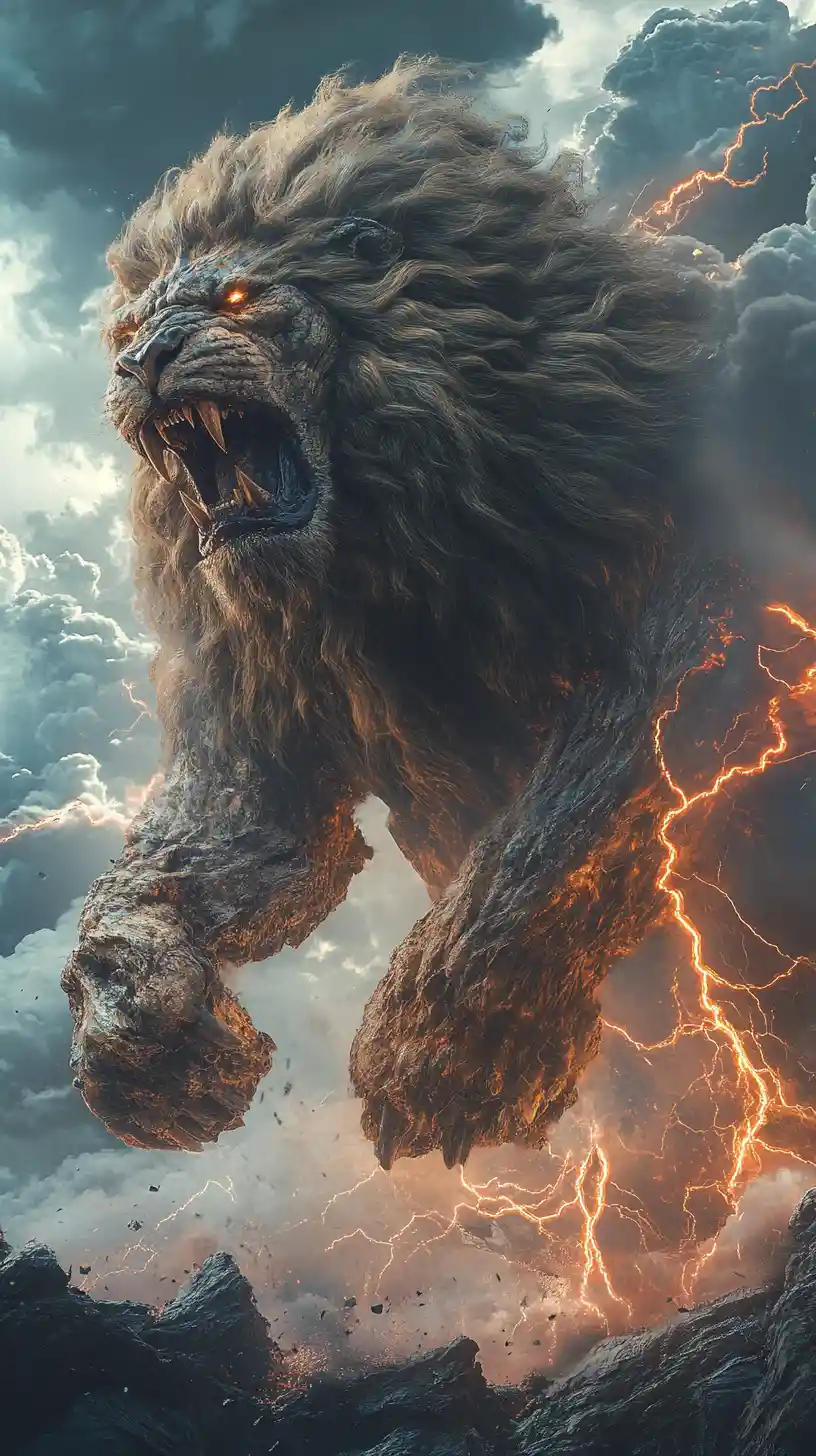 Colossal fera leão envolta em raios e nuvens de tempestade