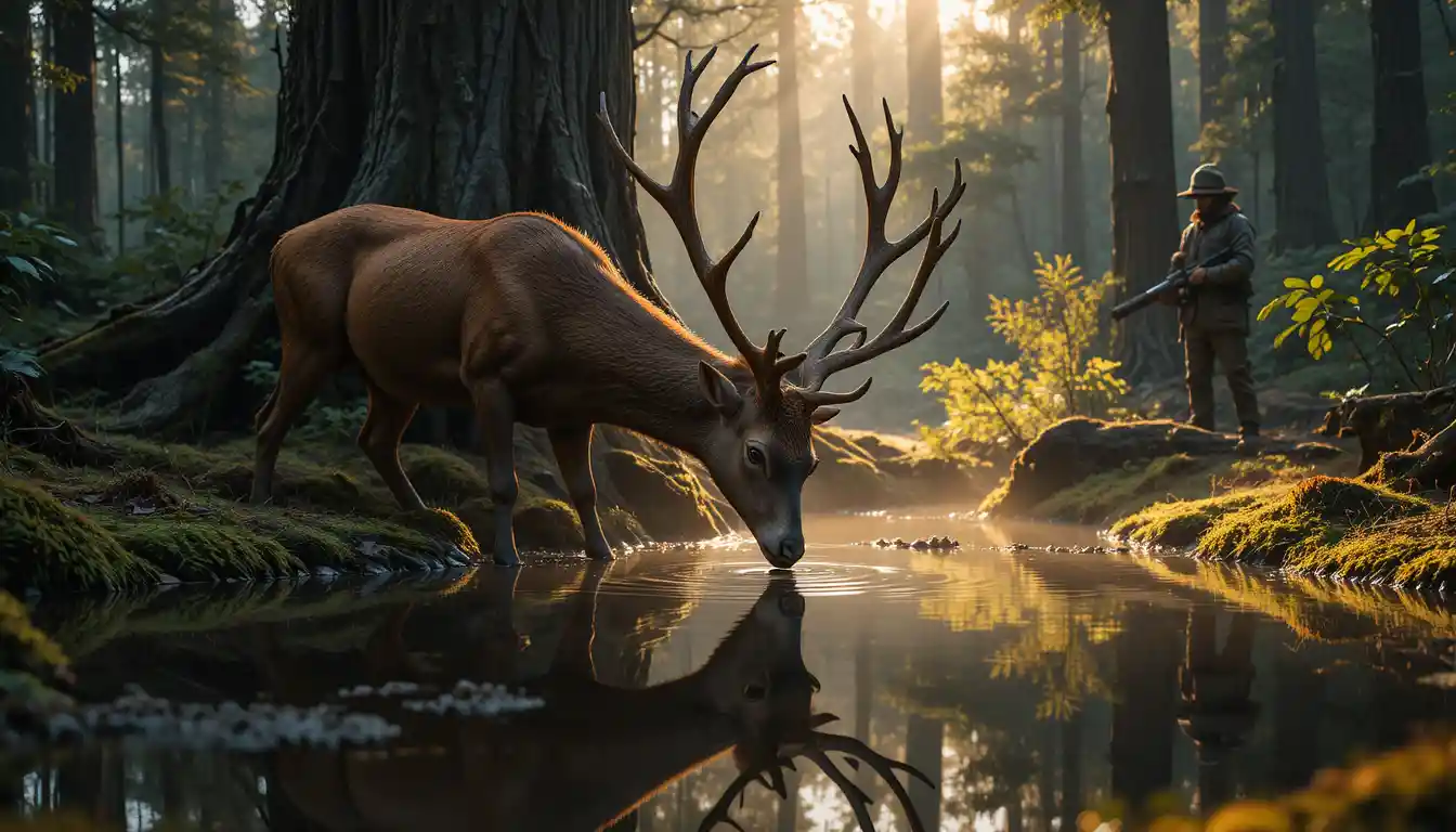 Cervo bebendo em uma poça na floresta ao pôr do sol