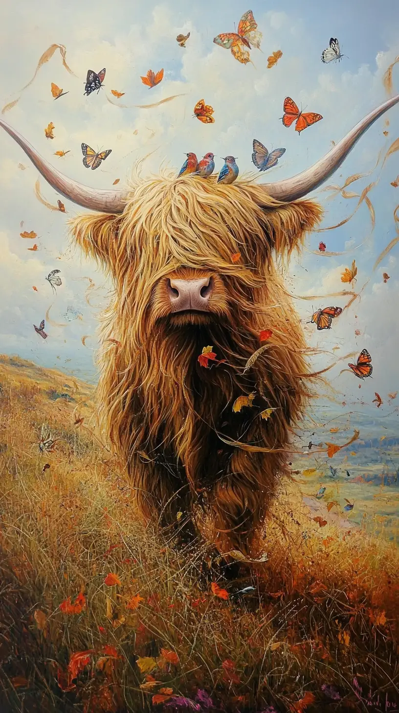 Highlandrind schützt kleine Tiere vor Herbstwinden